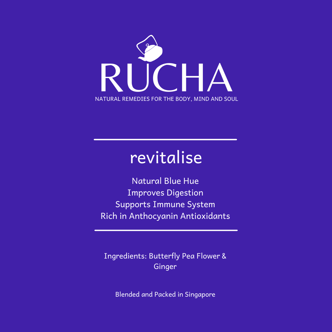 RUCHA Remedies [revitalise] has a natural blue hue from the butterfly pea flowers. This tisane (flower tea) blend improves digestion, supports immune system and it is rich in anthocyanin antioxidants. Anthocyanins are known to have anti-ageing properties.